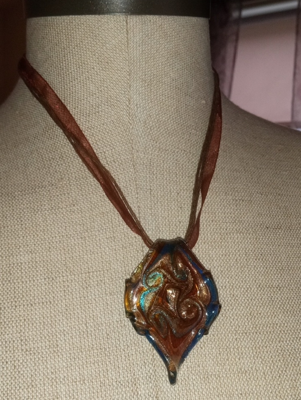 Boho Artisan Multicolor Glass Pendant Necklace with Sheer Brown Ribbon Chain